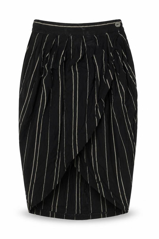 Front view of Warehouse women’s black striped viscose tulip skirt, size UK 10, button