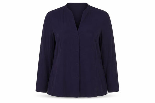 Front view of David Neiper women’s purple acetate basic button-up, size UK 16, v-neck