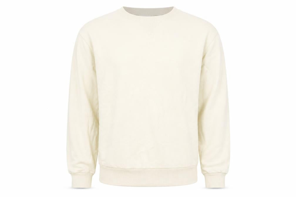 Front view of Collusion men’s beige cotton pullover sweatshirt, size XS