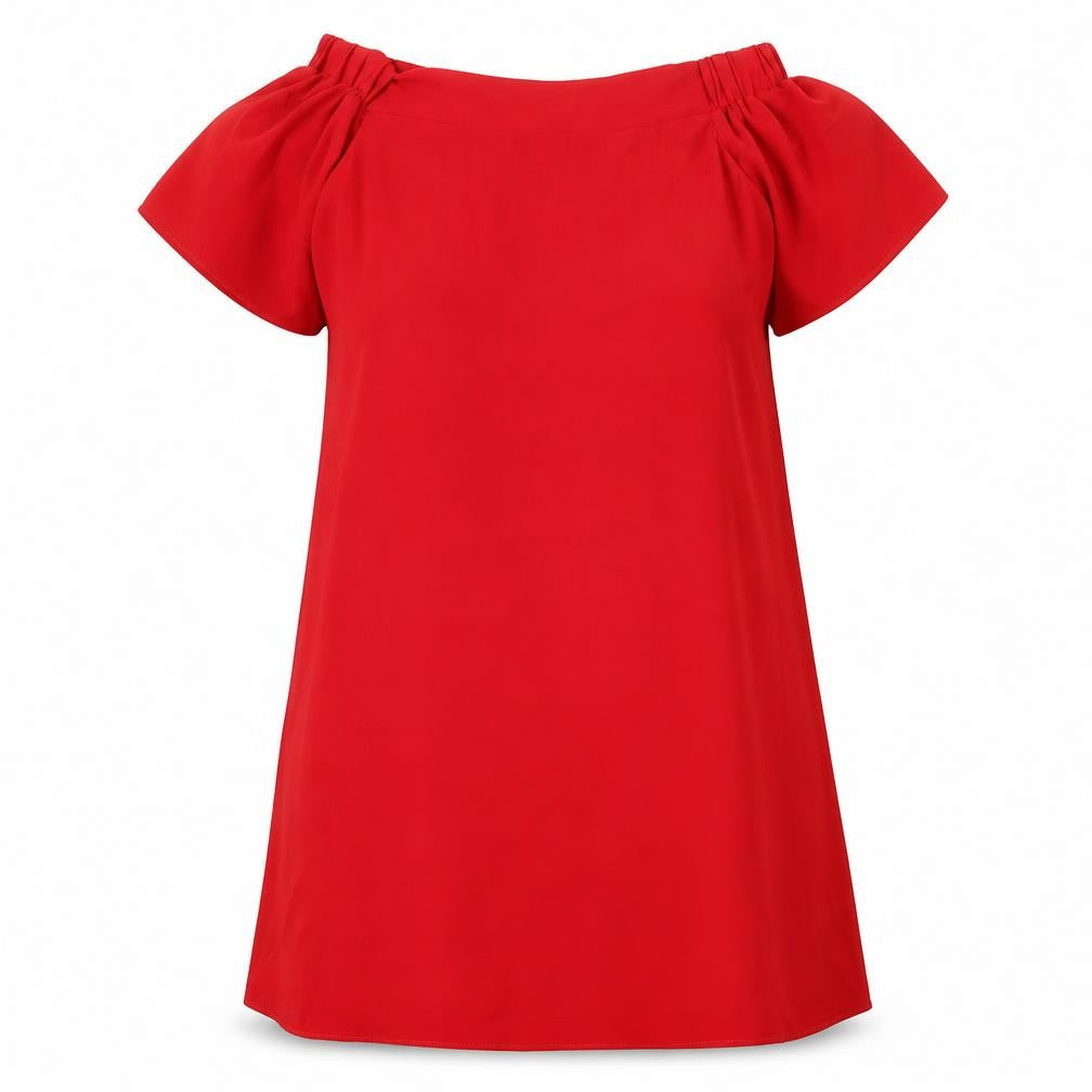 Front view of Stella Morgan women’s red polyester a-line, size UK 10, off the shoulder pullover