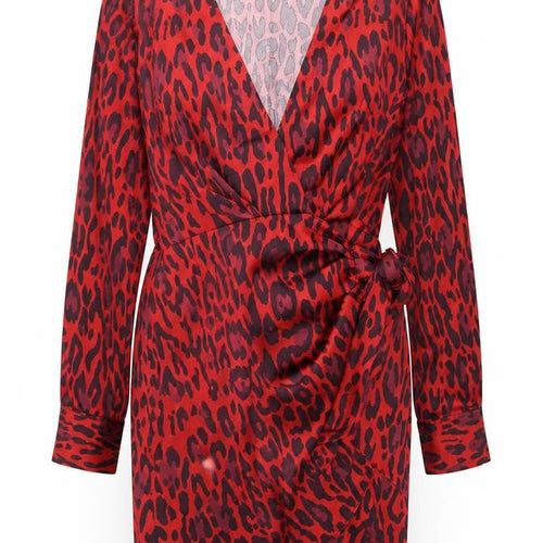 Zara Womens Red Animal Print Polyester Shift Size XS V-Neck Tie - Leopard Print
