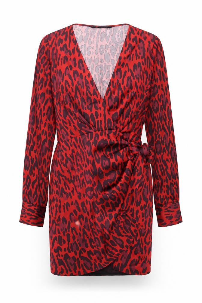 Zara Womens Red Animal Print Polyester Shift Size XS V-Neck Tie - Leopard Print