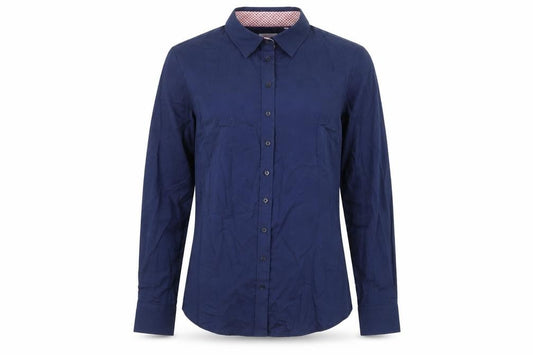 Front view of Gianni Feraud women’s blue 100% cotton basic button-up, size UK 8, collared