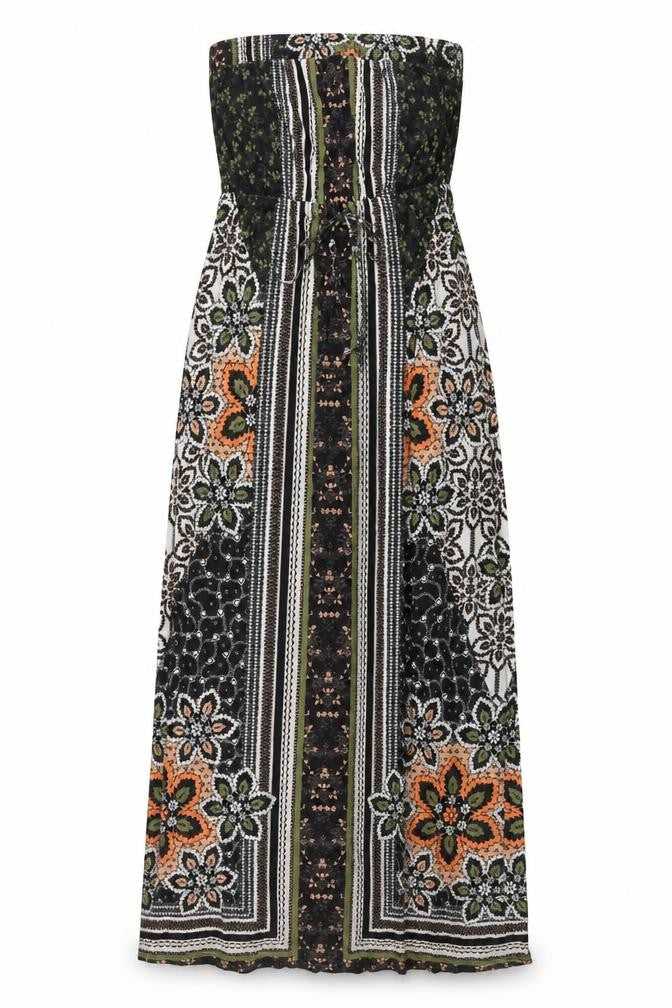 Front view of Next women’s black geometric viscose maxi, size UK 6, off the shoulder drawstring