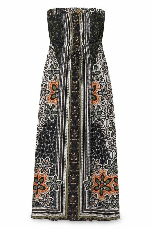 Front view of Next women’s black geometric viscose maxi, size UK 6, off the shoulder drawstring