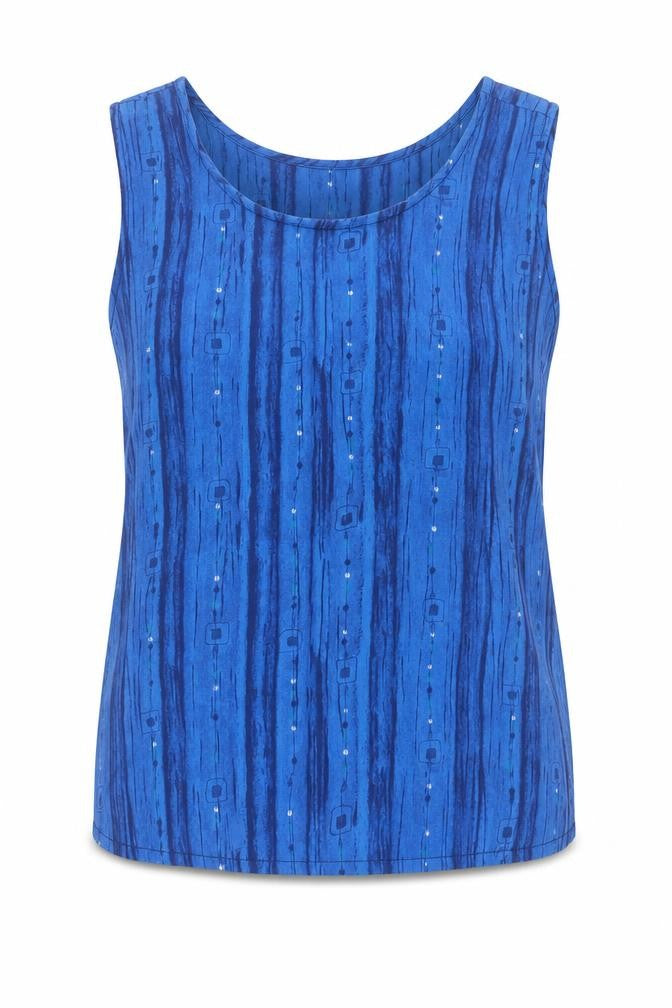 Front view of Joie de Vivre women’s blue geometric viscose basic tank, size UK 10, round neck