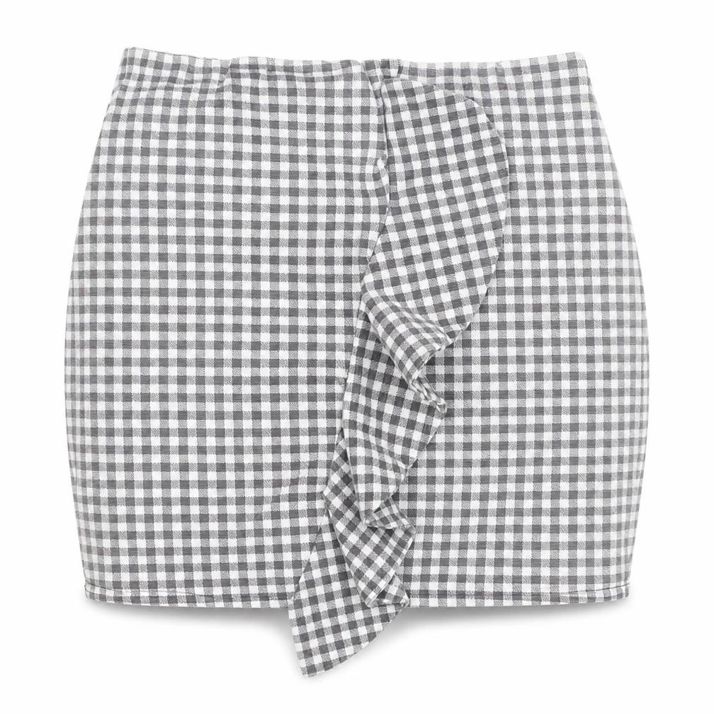 Front view of PRETTYLITTLETHING women’s grey check polyester mini skirt, size UK 8