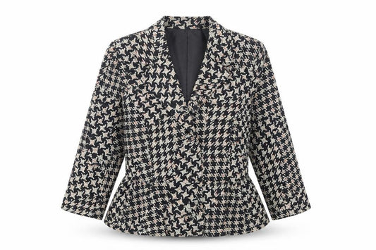 Front view of Fusion women’s black geometric jacket blazer, size XL, button