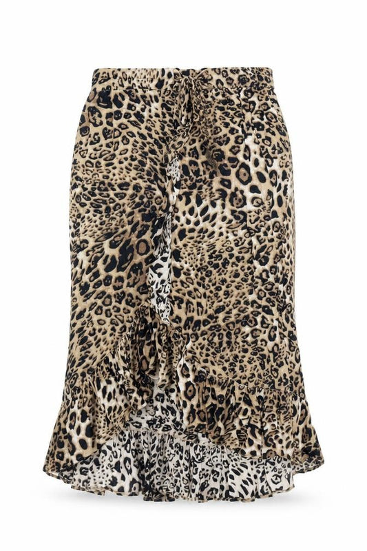 Front view of Soaked in Luxury women’s brown animal print viscose trumpet skirt, size M, - leopard pattern