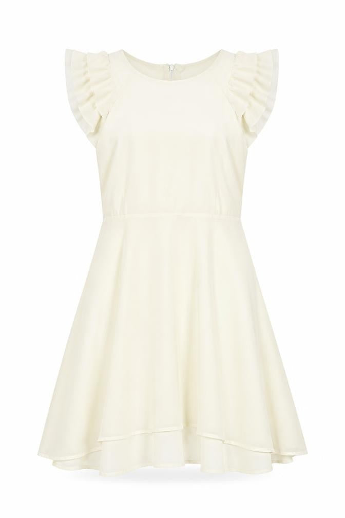 Front view of Jumpo women’s ivory polyester a-line, size UK 12, round neck zip