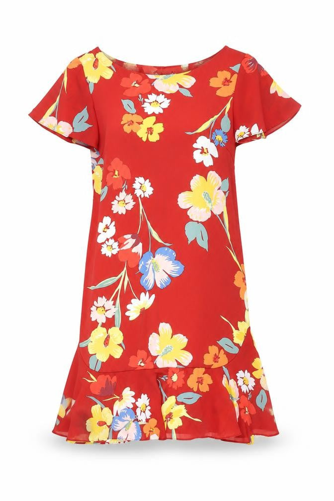 Front view of Next women’s red floral polyester a-line, size UK 8, v-neck pullover