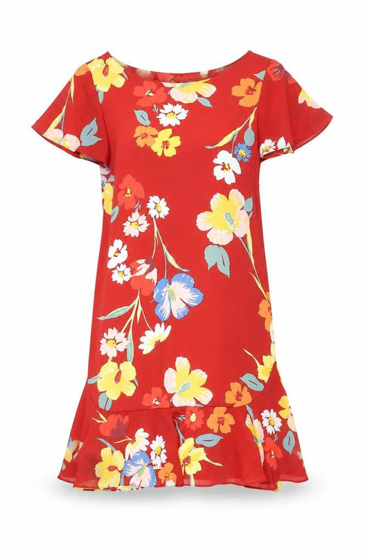 Front view of Next women’s red floral polyester a-line, size UK 8, v-neck pullover