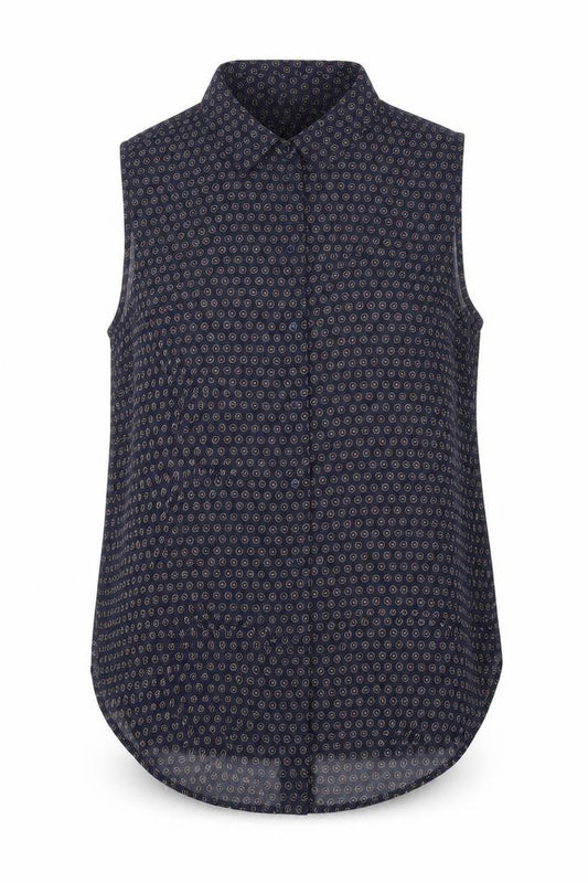 Front view of H&M women’s blue geometric polyester basic button-up, size UK 8, collared