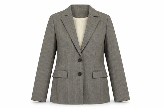 Front view of Atmosphere women’s beige polyester jacket blazer, size UK 12