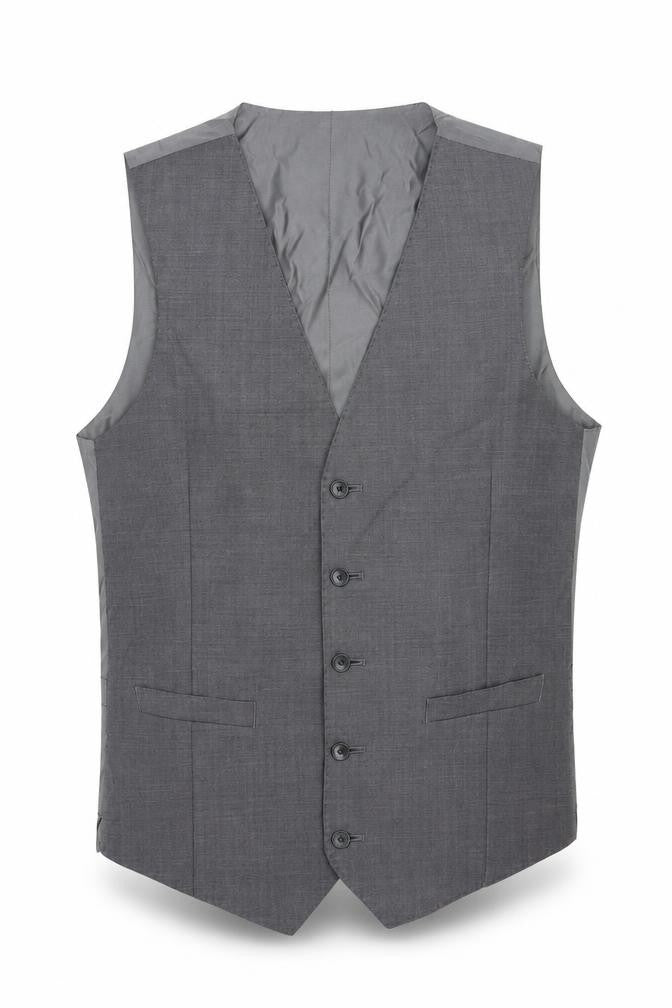 Front view of Marks & Spencer men’s grey polyester jacket suit waistcoat, size M, regular