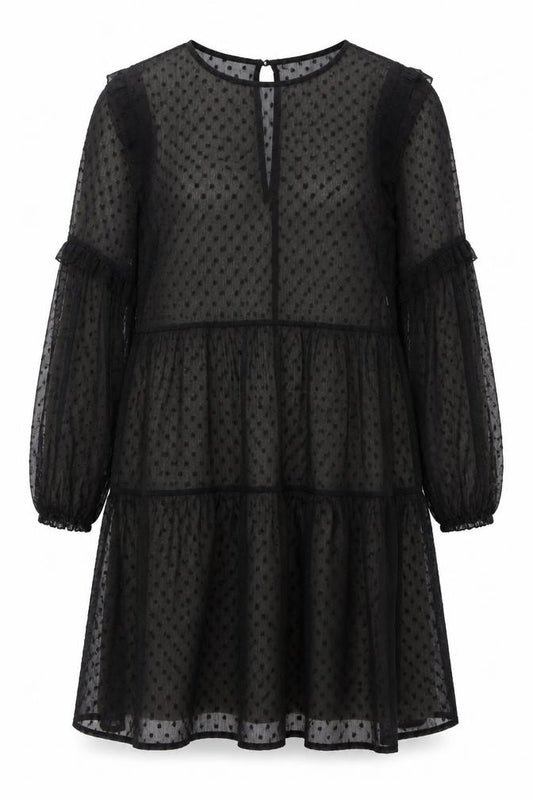 Front view of Divided by H&M women’s black polka dot polyester trapeze & swing, size M, round neck button