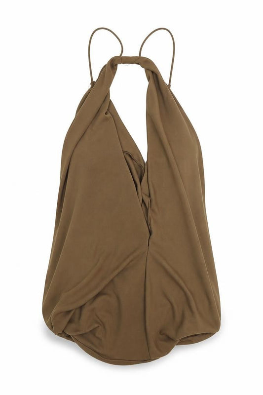 Front view of Zara women’s brown polyester basic tank, size S, v-neck