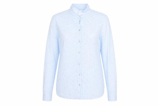 Front view of Aziz women’s blue geometric polyester basic button-up, size L, collared - star pattern