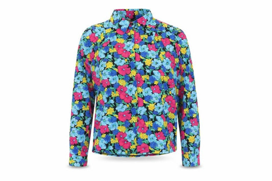 Front view of Foxy Lady women’s multicoloured floral polyester basic button-up, size UK 12, collared