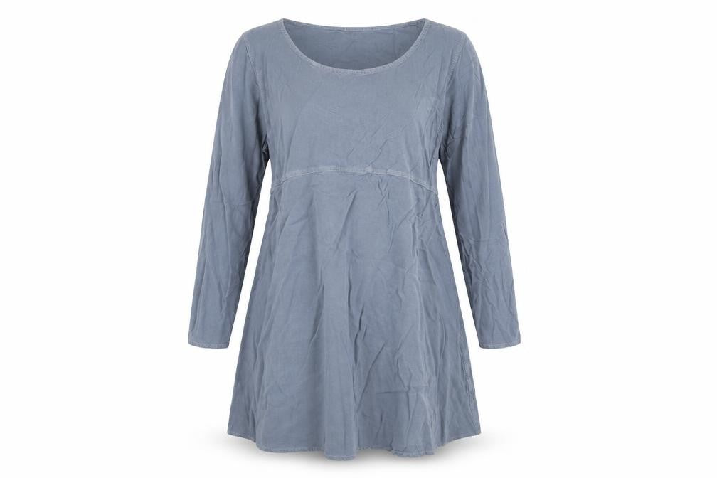 Front view of Great Plains women’s grey 100% cotton a-line, size M, scoop neck pullover