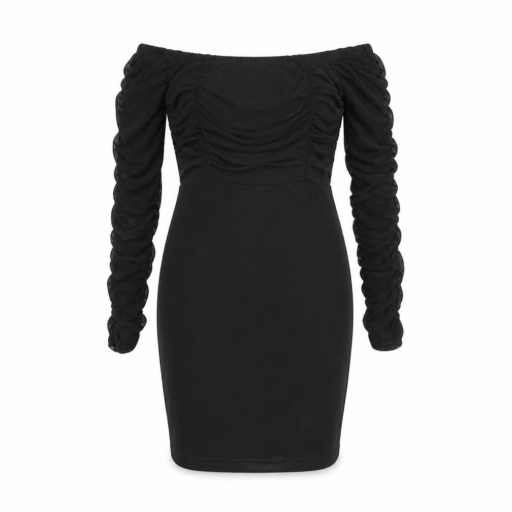 Front view of PRETTYLITTLETHING women’s black polyester bodycon, size UK 6, off the shoulder pullover