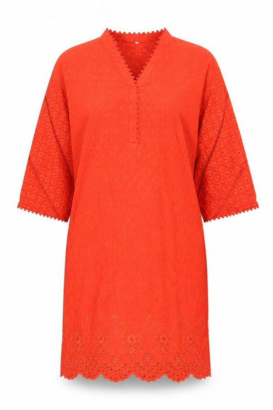 Front view of women’s orange geometric acetate kaftan, size UK 14, v-neck pullover