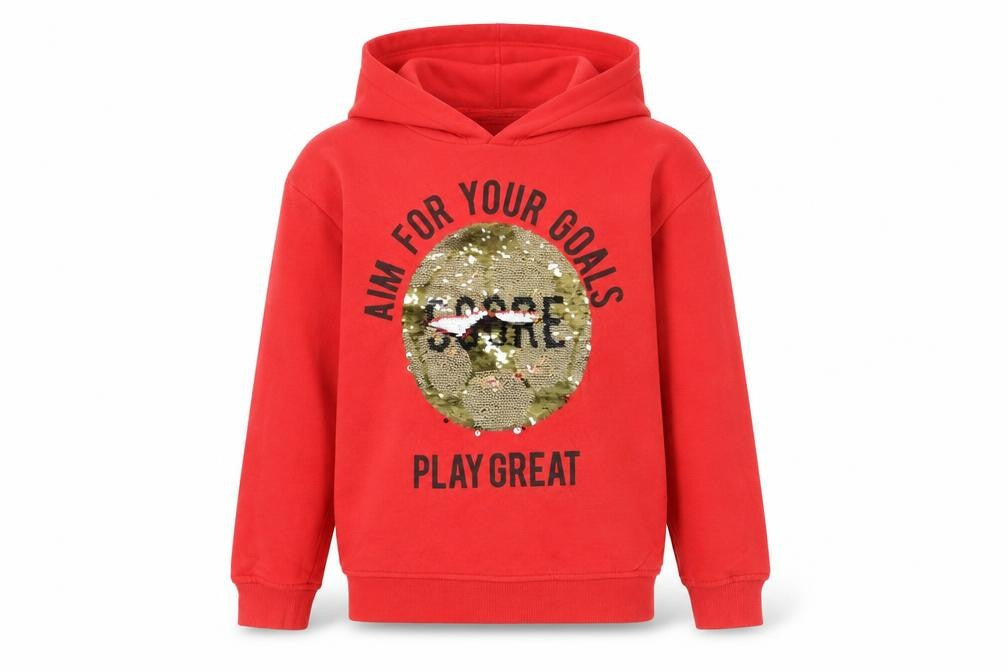 Front view of H&M girls’ red cotton pullover hoodie, size 9-10, years pullover - football