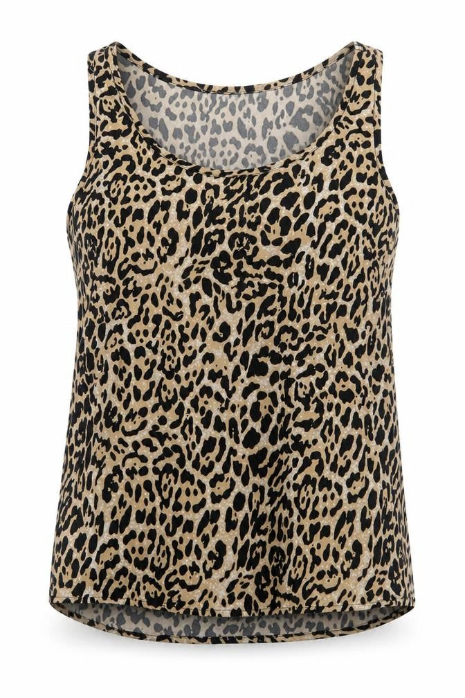 Front view of Atmosphere women’s beige animal print polyester basic tank, size UK 8, scoop neck - leopard pattern