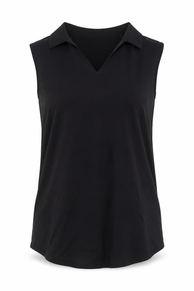 Front view of Elizabeth Shelton women’s black viscose basic tank, size UK 14, v-neck