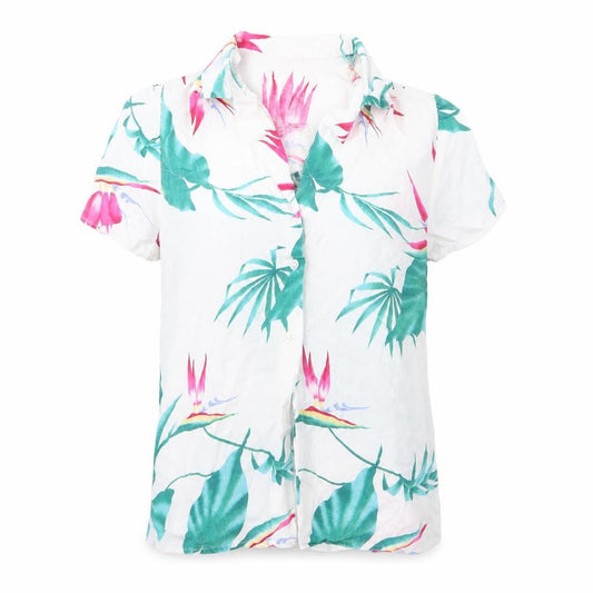 Front view of Preworn women’s white geometric polyester basic button-up, size S, collared - leaf print