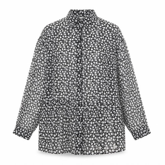 Front view of H&M women’s black geometric polyester shirt dress, size UK 6, collared button