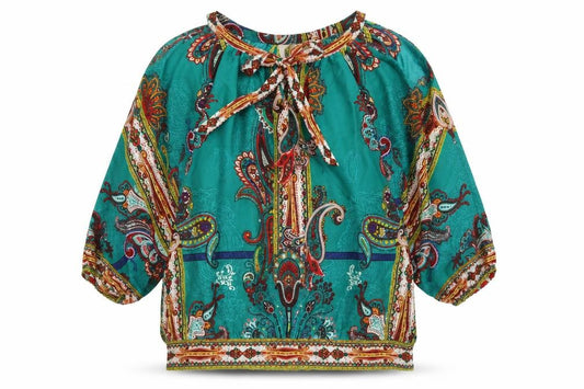 Front view of ECI women’s multicoloured geometric polyester basic blouse, size L, round neck
