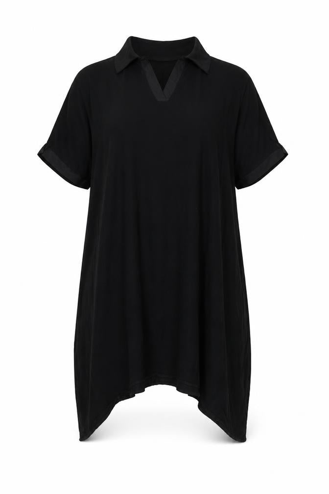 Front view of Zara women’s black polyester shirt dress, size M, collared pullover