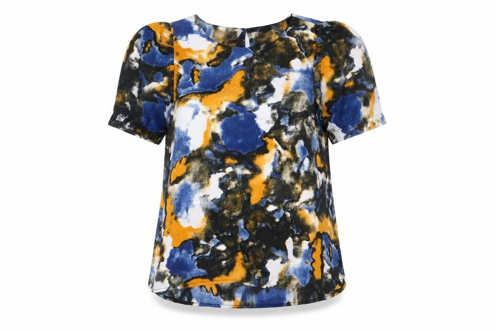 Front view of Compania Fantastica women’s multicoloured geometric polyester basic blouse, size S, round neck