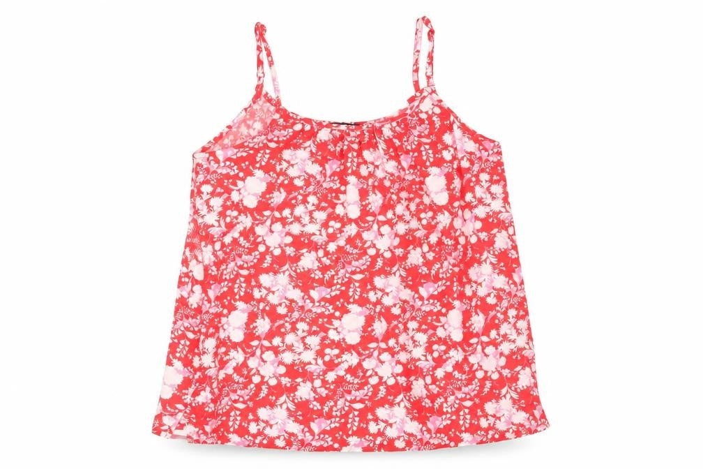 Front view of Marks & Spencer women’s red geometric viscose basic tank, size UK 10, round neck