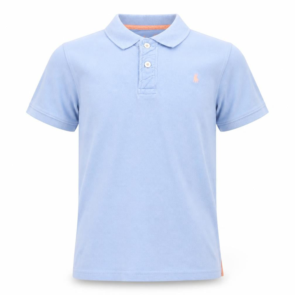 Front view of Rebel boys’ blue cotton basic polo, size 11-12, years collared button