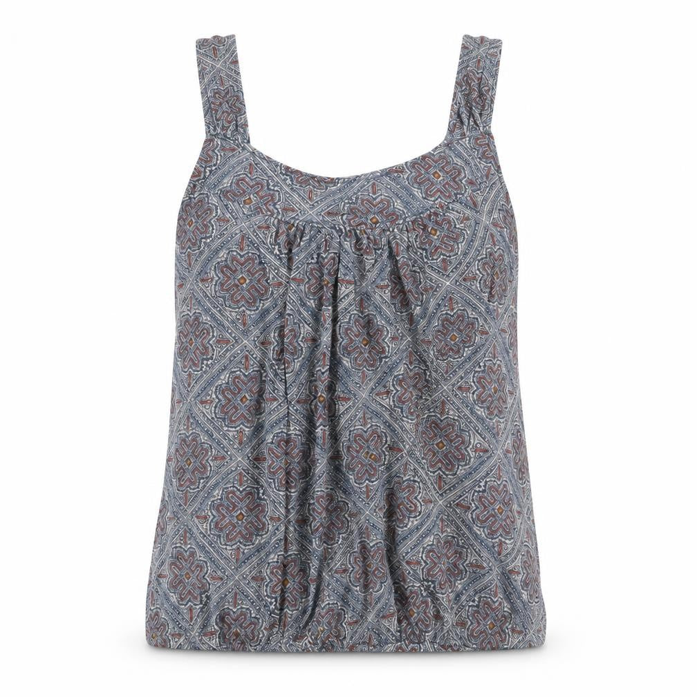 Front view of Monsoon women’s multicoloured geometric viscose basic tank, size UK 10, round neck