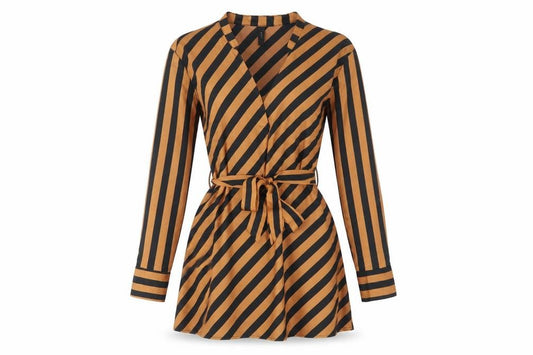 Front view of Y.A.S women’s multicoloured striped polyester fit & flare, size L, v-neck pullover
