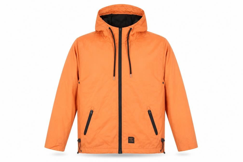 Front view of Serge Denimes men’s orange windbreaker jacket, size S, zip