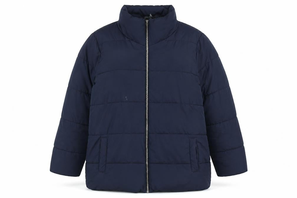 Front view of Love Coats women’s blue quilted coat, size UK 18, zip