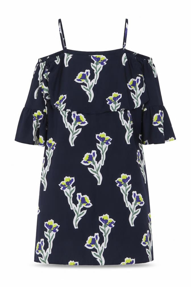 Front view of Warehouse women’s blue floral polyester shift, size UK 6, off the shoulder zip