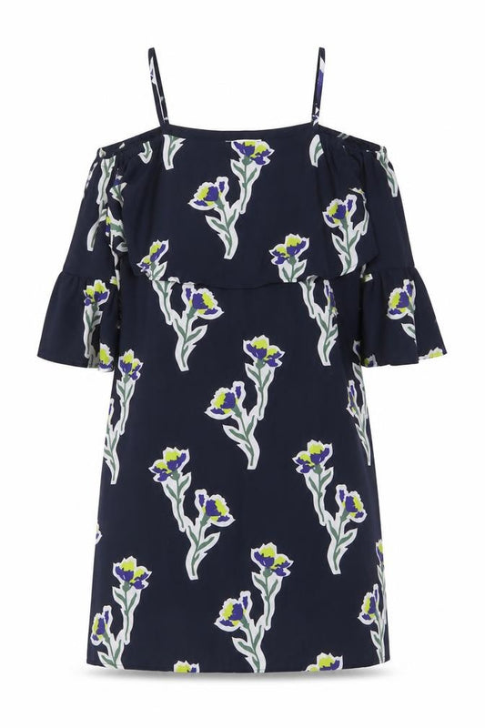 Front view of Warehouse women’s blue floral polyester shift, size UK 6, off the shoulder zip