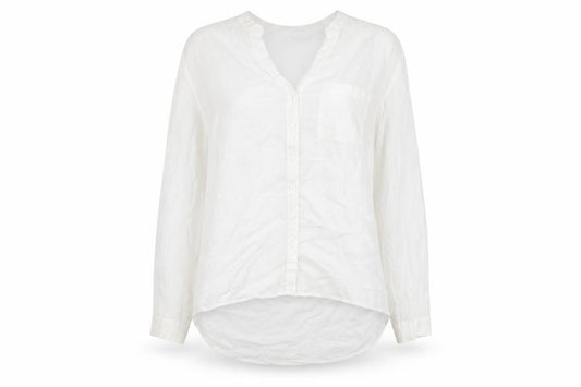 Front view of Vero Moda women’s white viscose basic button-up, size L, v-neck