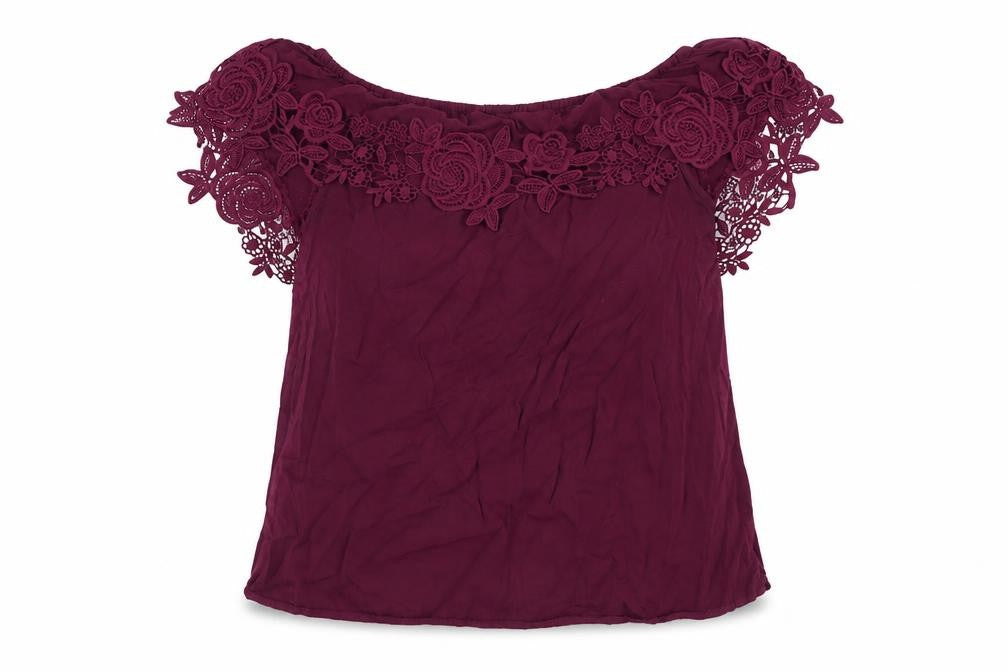 Osis Womens Purple Viscose Basic Blouse Size 12 Off the Shoulder - Lace Detail