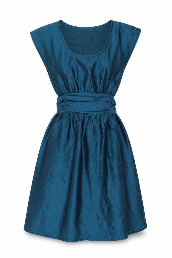 Front view of H&M women’s blue polyester ball gown, size UK 8, scoop neck pullover