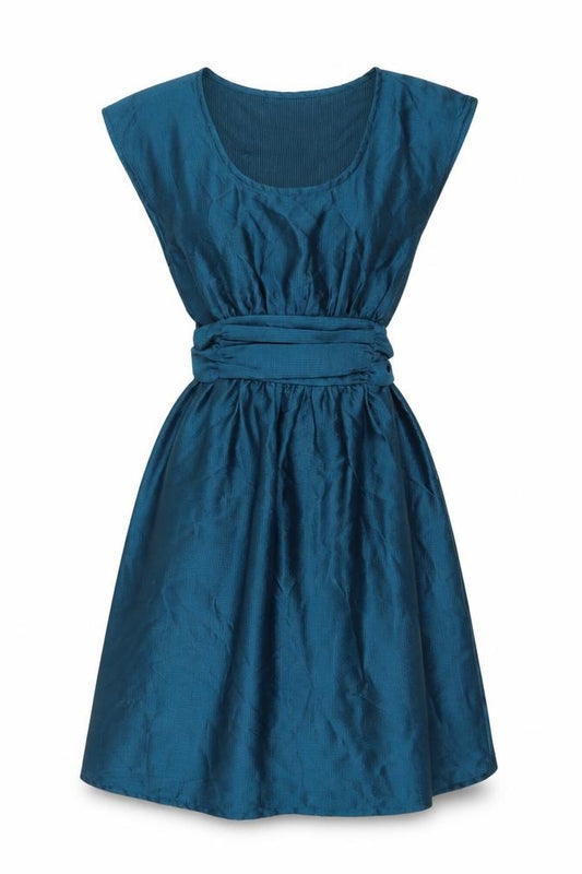 Front view of H&M women’s blue polyester ball gown, size UK 8, scoop neck pullover