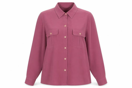 Front view of Berkertex women’s purple polyester basic button-up, size UK 12, v-neck