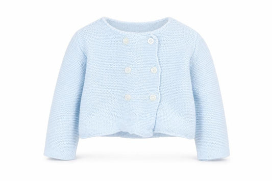 Front view of GOCCO boys’ blue acrylic cardigan jumper, size 6-9, months button