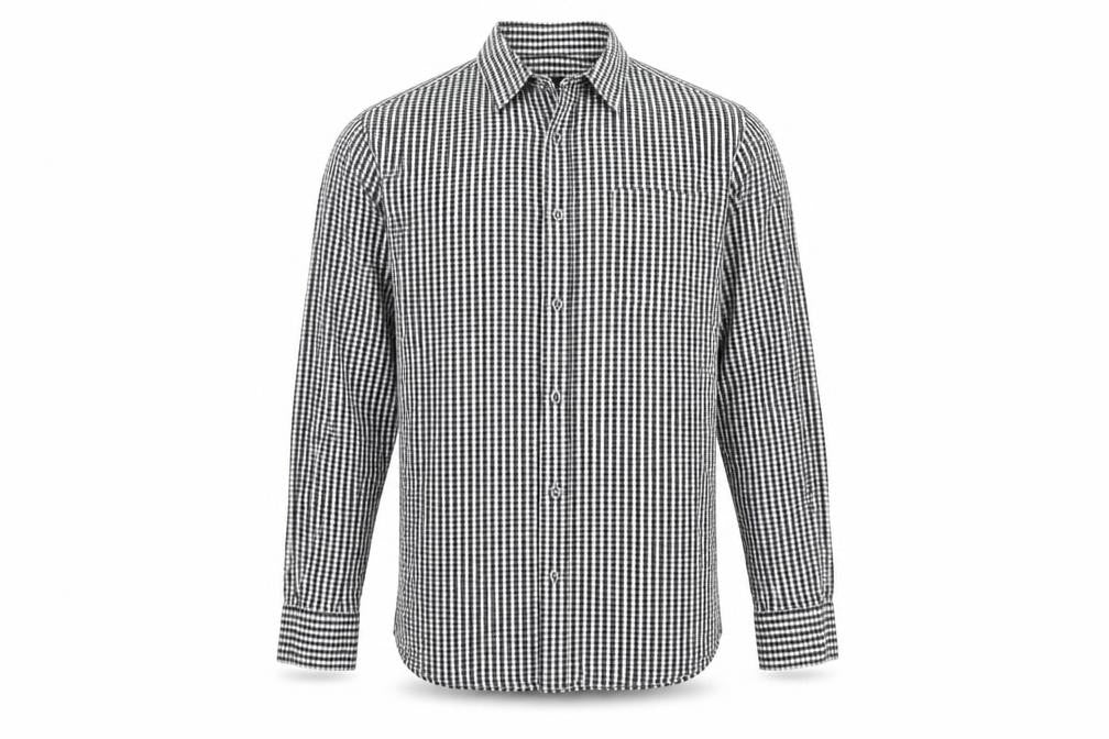 Front view of French Connection men’s black check cotton button-up, size L, collared button