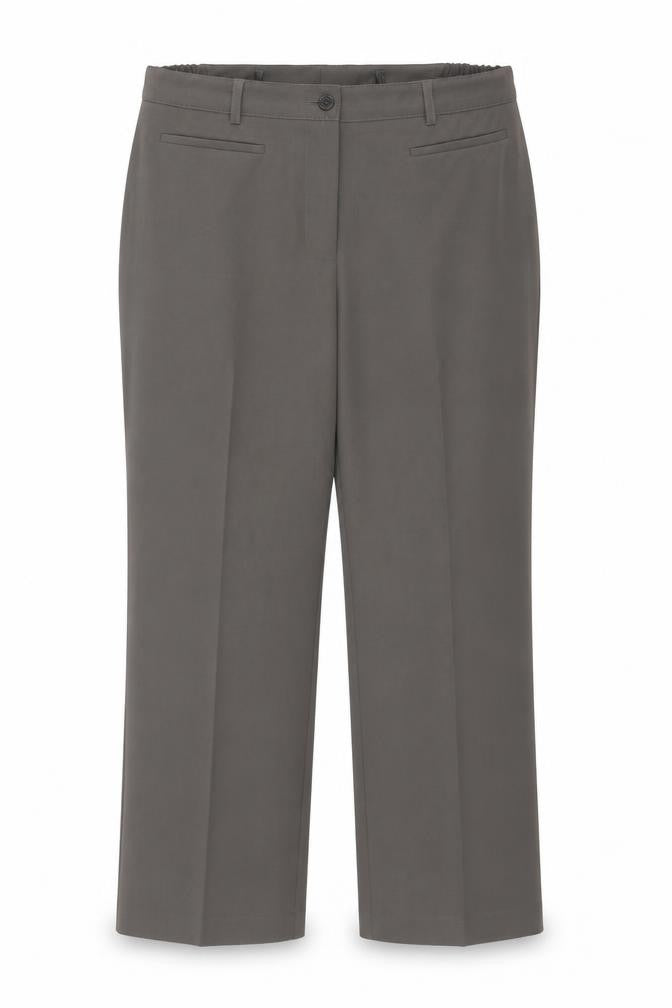 Front view of Preworn women’s brown polyester trousers, size UK 16, regular zip
